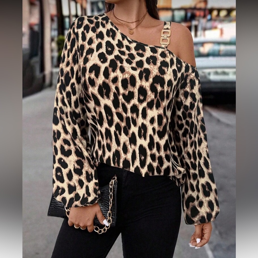 Abstract Cheetah Print Asymmetrical Neck Cold Shoulder Top Blouse Shirt